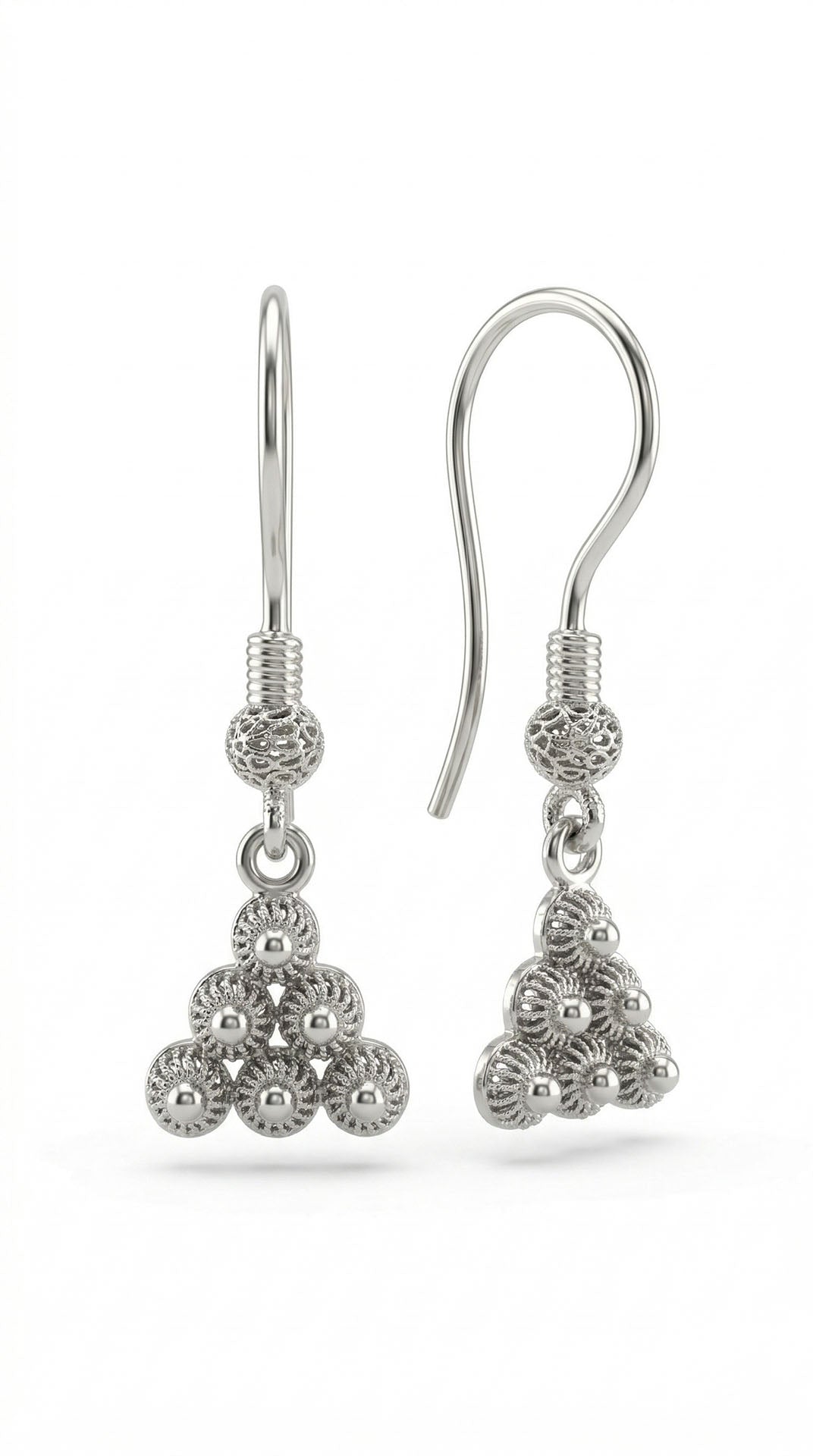 Traditional Filigree Midyat Heritage Triangle Dangle Hook Earrings Silver