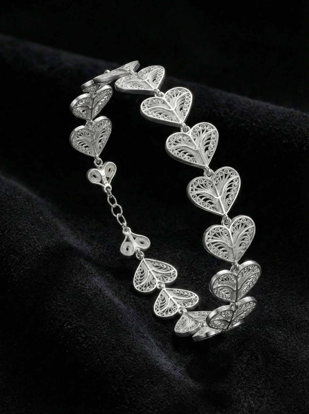 Filigree Heart Link Bracelet (Adjustable) in 925 sterling silver