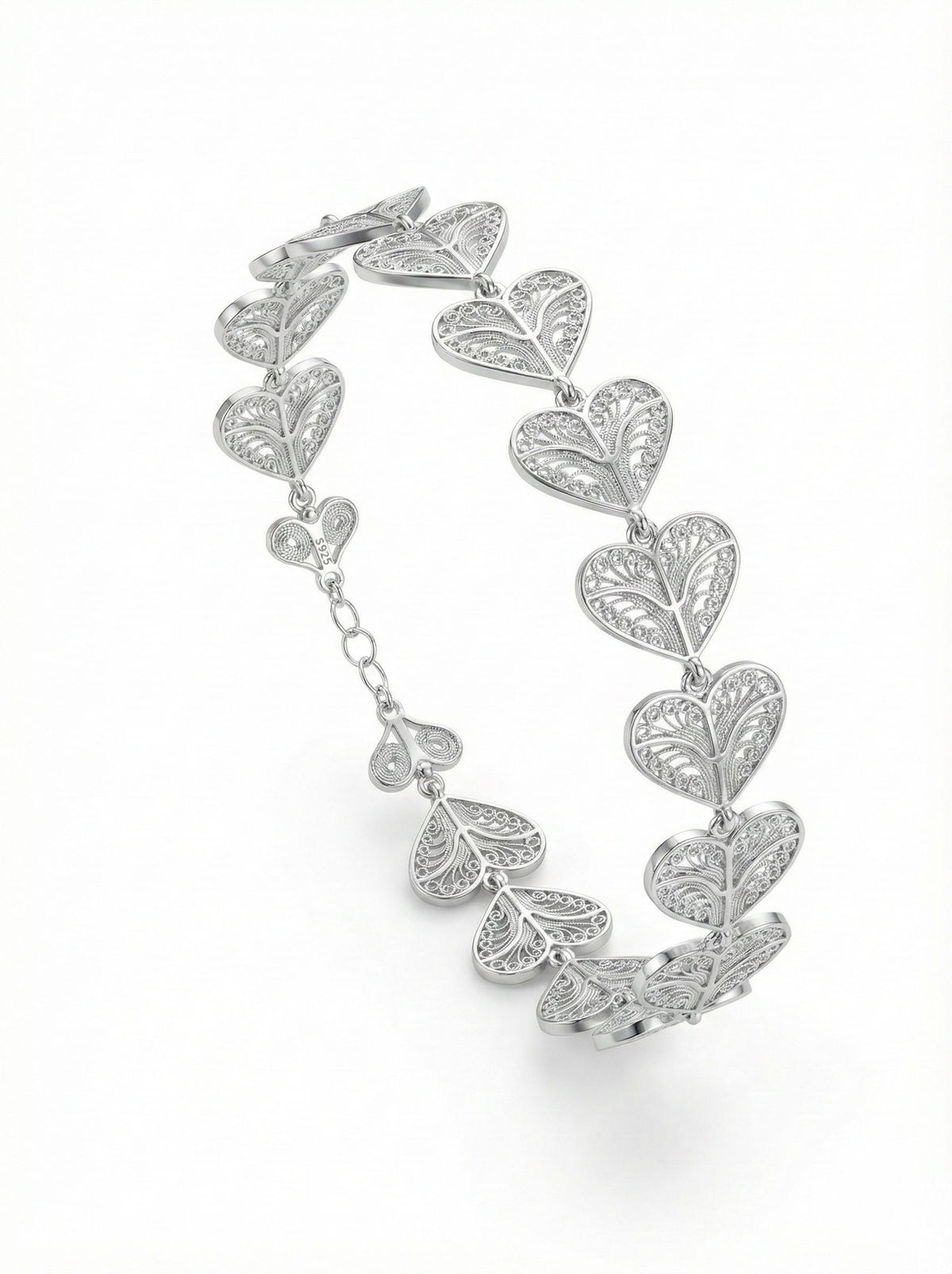 Filigree Heart Link Bracelet (Adjustable) in 925 sterling silver - view 4