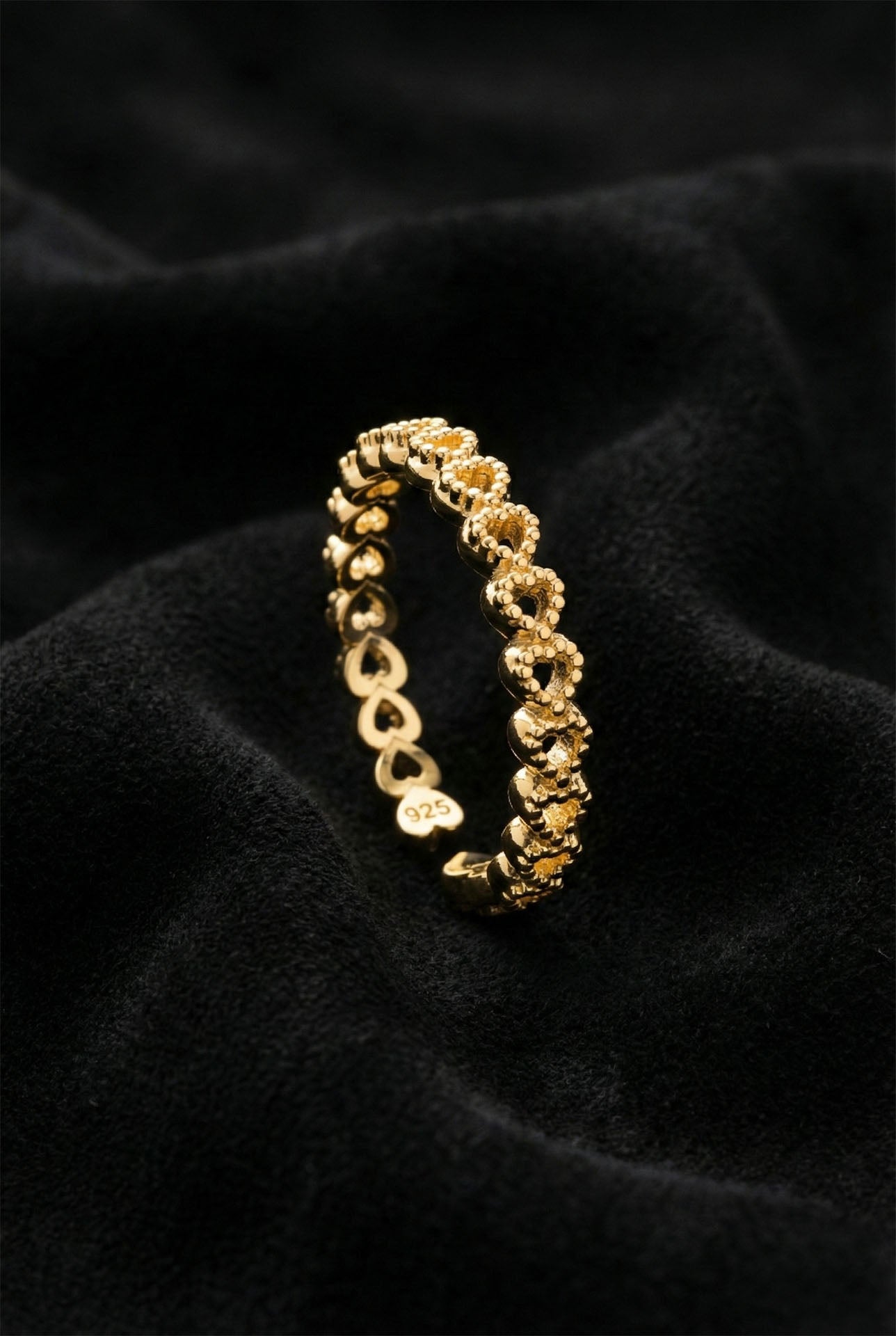 925 Sterling Silver Gold Plated Full Eternity Heart Adjustable Ring