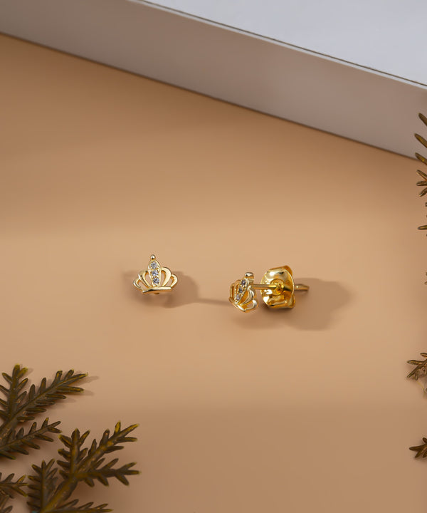 925 Sterling Silver Gold Zircon Stone Minimal Crown Stud Earrings