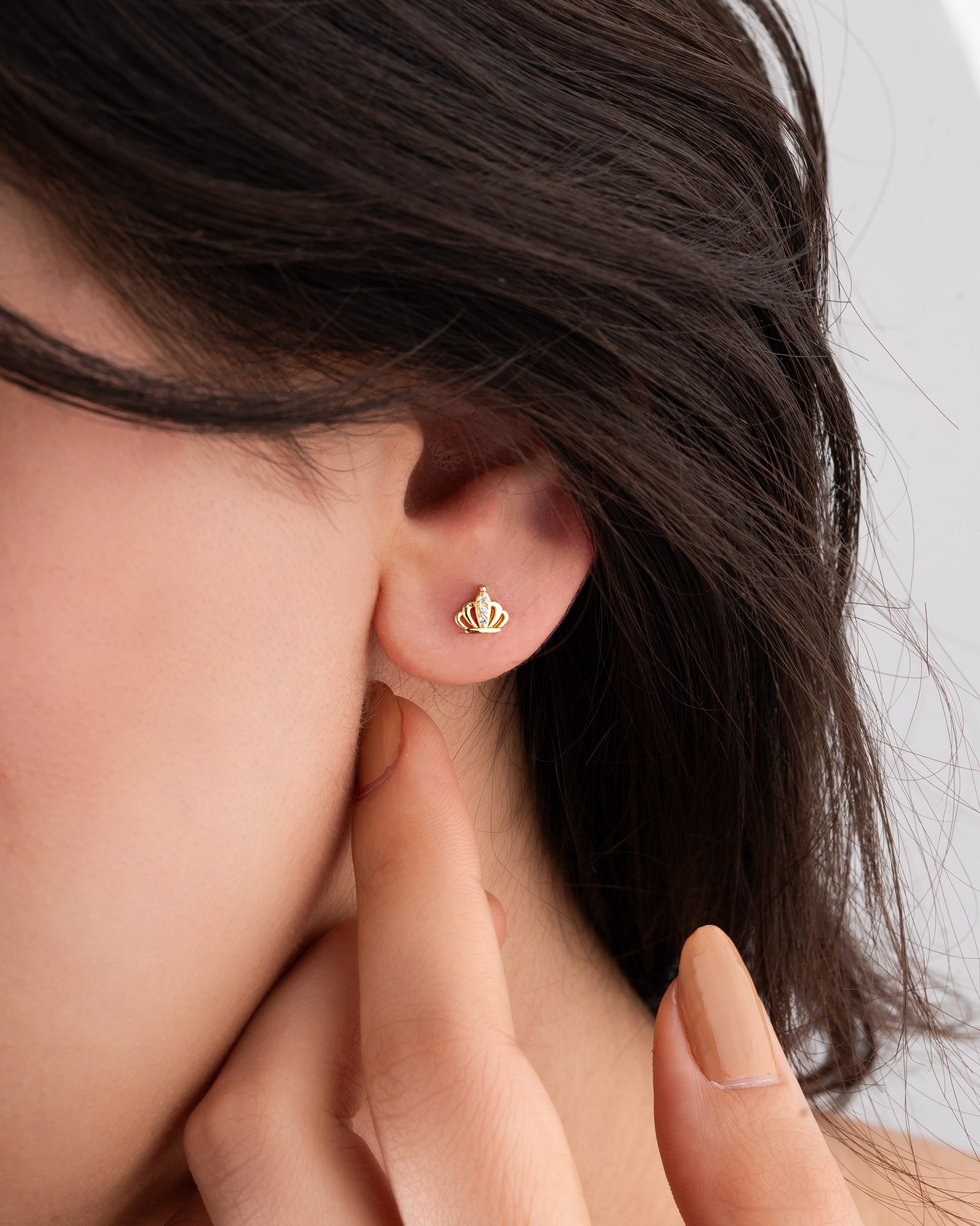 CZ Minimalist Crown Stud Earrings Gold Plated Silver