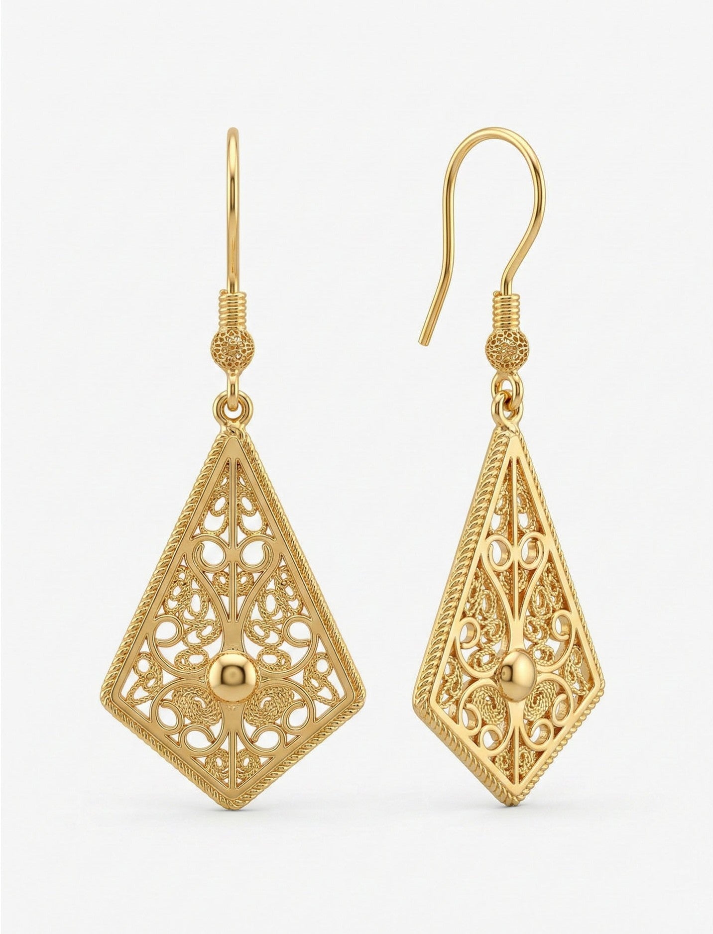 Traditional Filigree Diamond-Cut Hook Earrings Gold Plated Silver