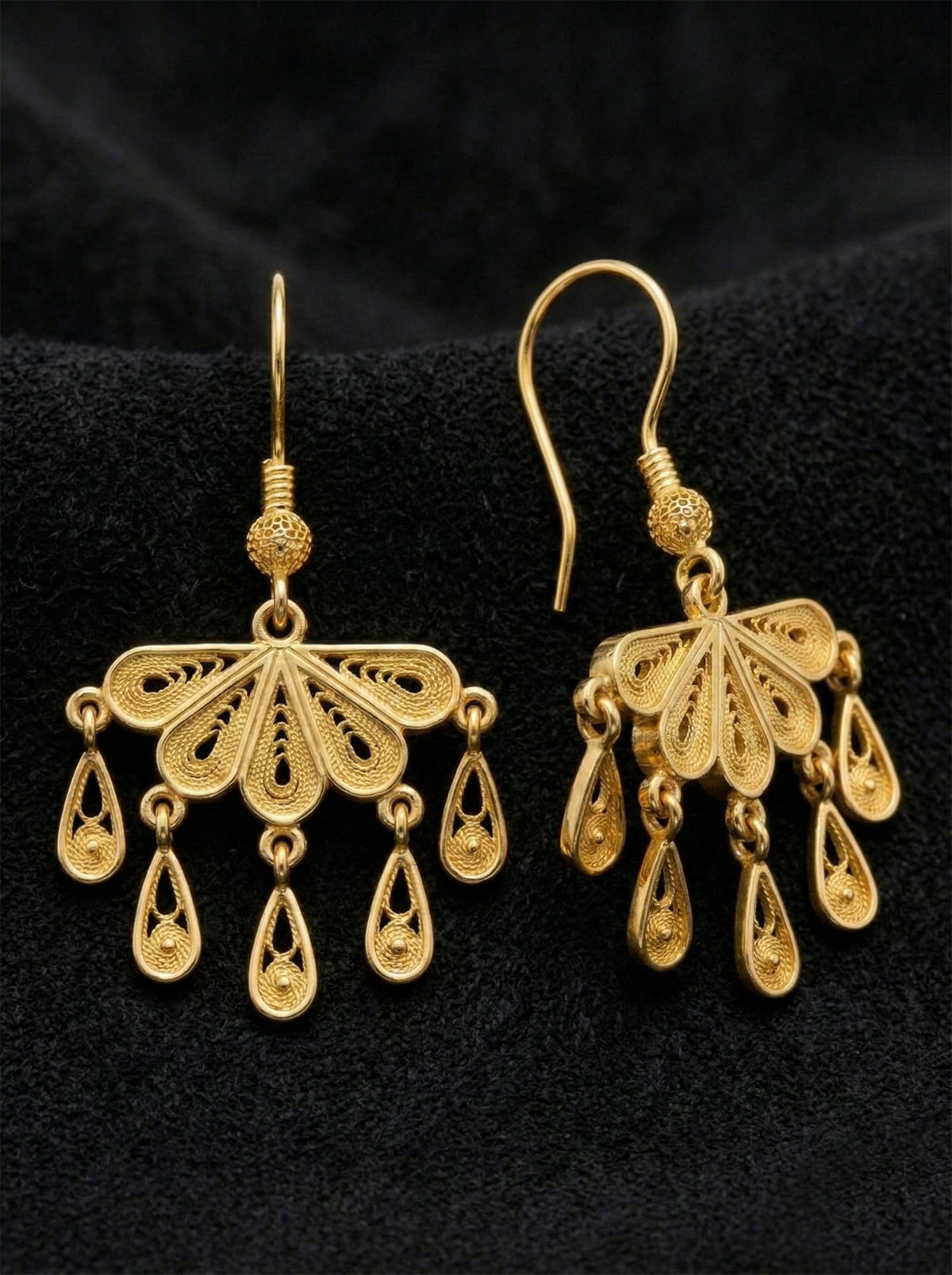 Gold Filigree Fan Drops with Teardrop Tassels in 925 sterling silver