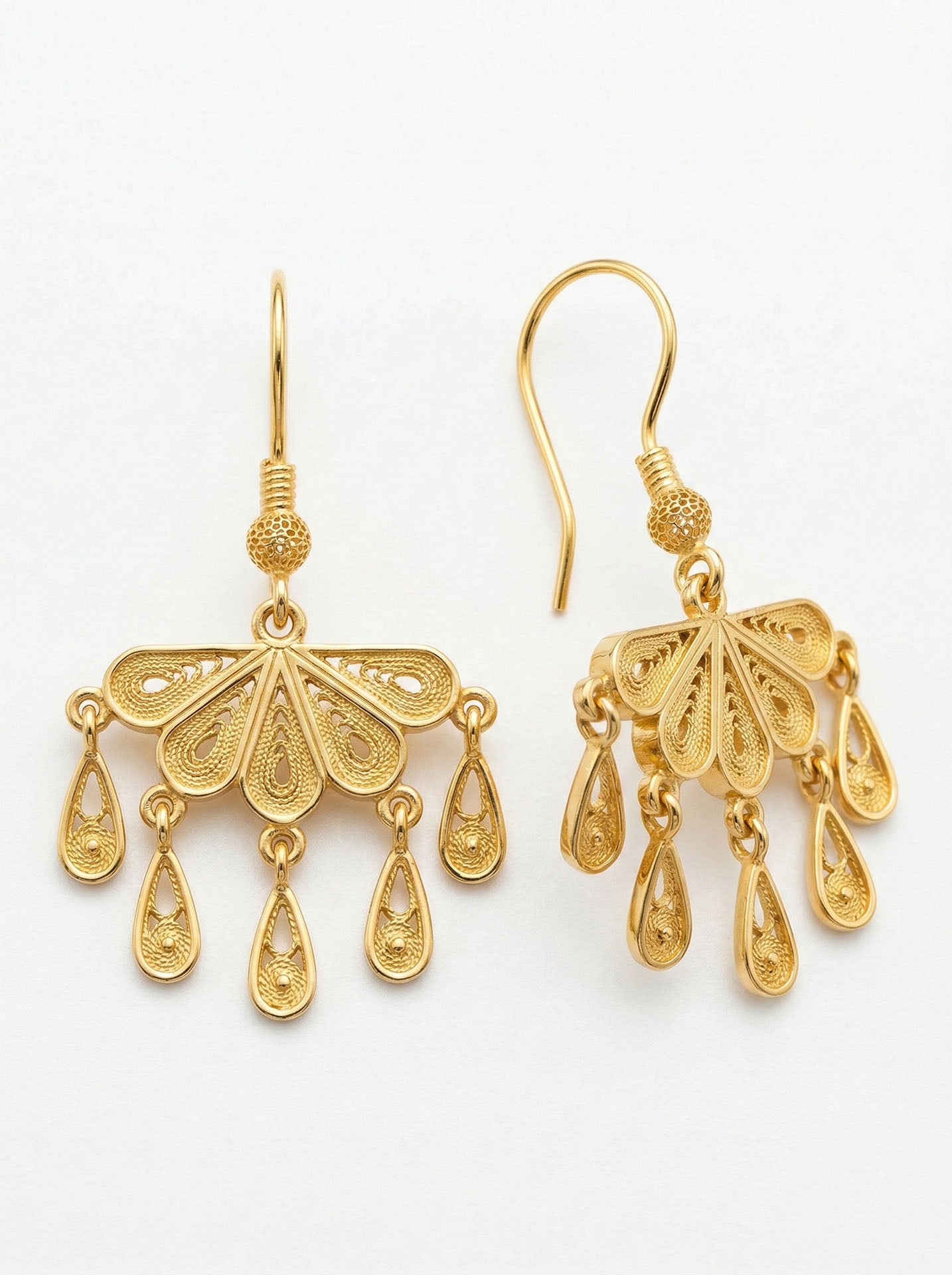 925 Sterling Silver Gold Plated Traditional Filigree Teardrop Tassel Fan Earrings