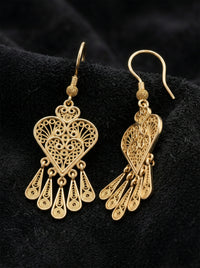 Gold Filigree Heart Drops with Teardrop Tassels | 925 Silver