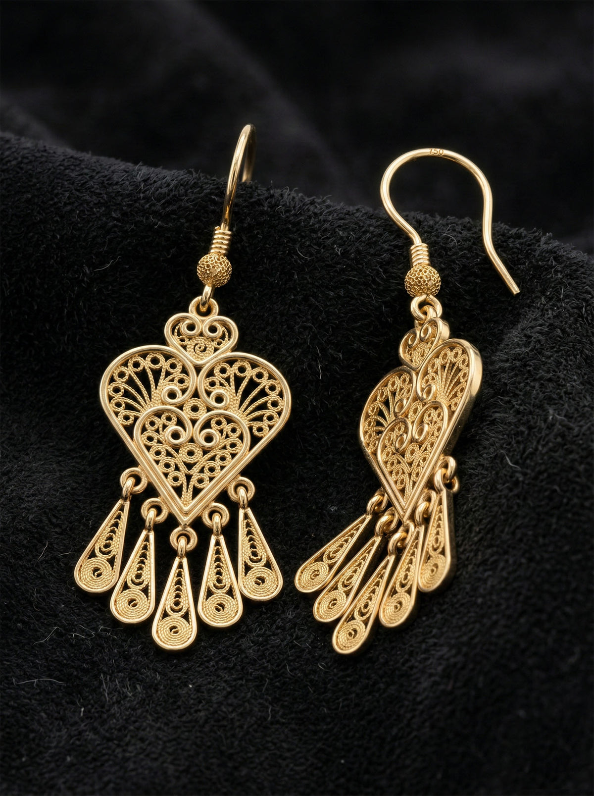 Gold Filigree Heart Drops with Teardrop Tassels in 925 sterling silver