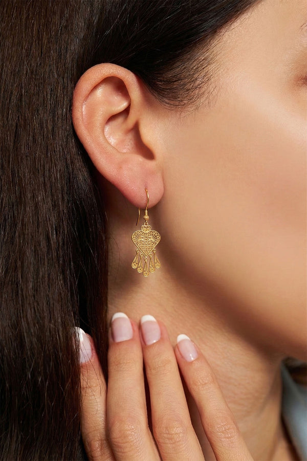 925 Sterling Silver Gold Plated Traditional Filigree Heart Earrings - Dangle Tassel Handmade
