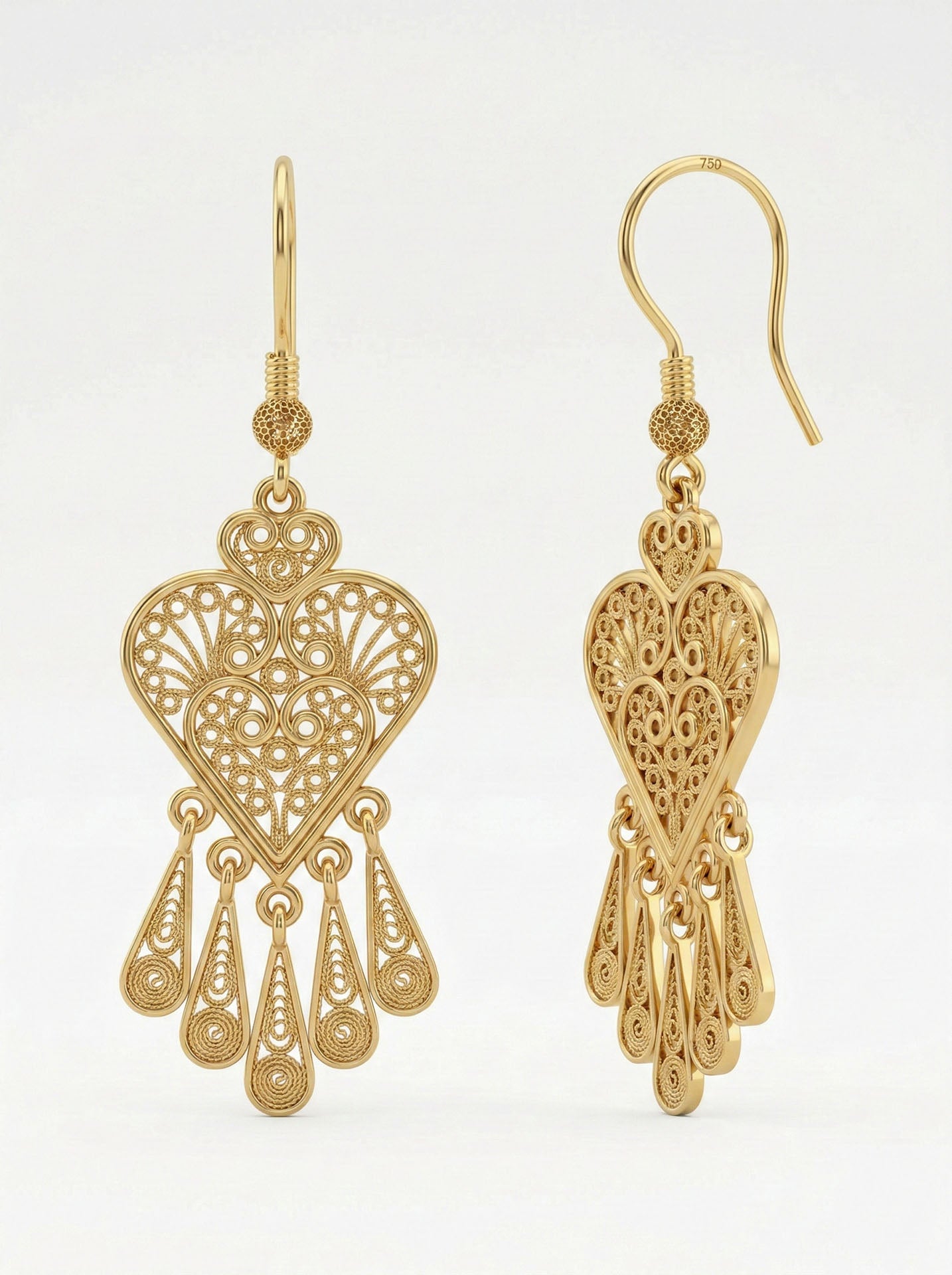 925 Sterling Silver Gold Plated Traditional Filigree Heart Earrings - Dangle Tassel Handmade