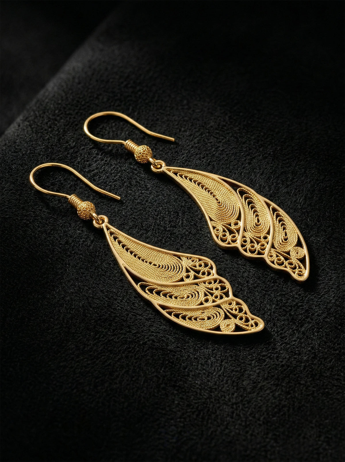 Gold Plated Filigree Angel Wing Drop Earrings in 925 sterling silver