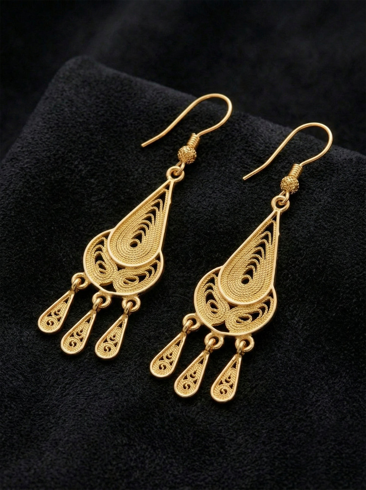 Gold Filigree Chandelier Drops Teardrop Tassels in 925 sterling silver