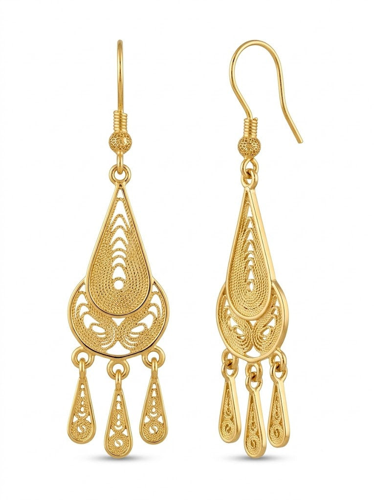 925 Sterling Silver Gold Plated Traditional Filigree Chandelier Earrings - Teardrop Tassel Handmade