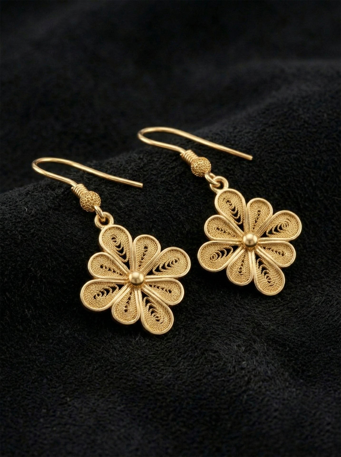 925 Sterling Silver Gold Plated Traditional Filigree Clover Earrings - Handcrafted Floral Motif Tile Hook