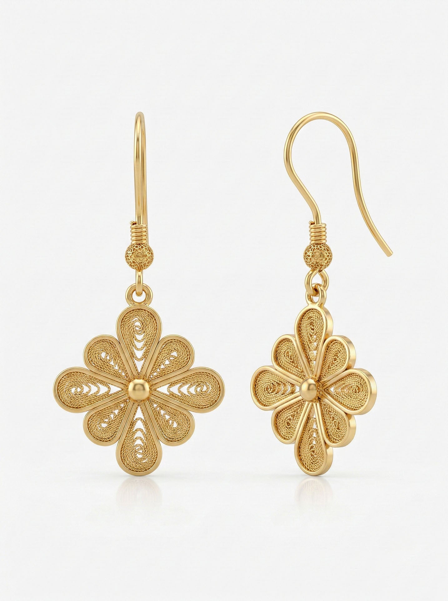 925 Sterling Silver Gold Plated Traditional Filigree Clover Earrings - Handcrafted Floral Motif Tile Hook