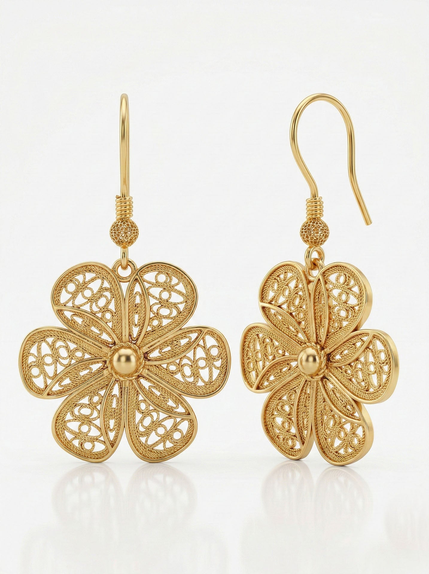 925 Sterling Silver Gold-Tone Traditional Filigree Handmade Daisy Drop Earrings