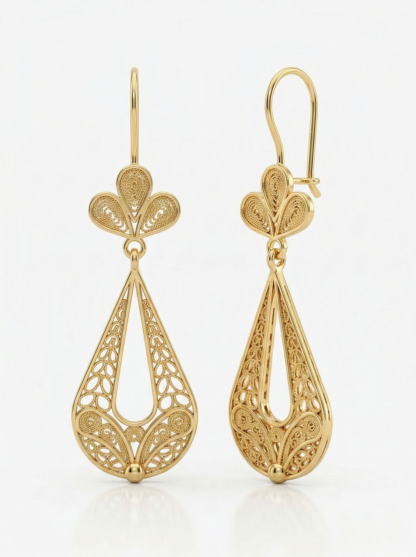 925 Sterling Silver Gold Plated Traditional Filigree Art Tulip Drop Dangle Earrings