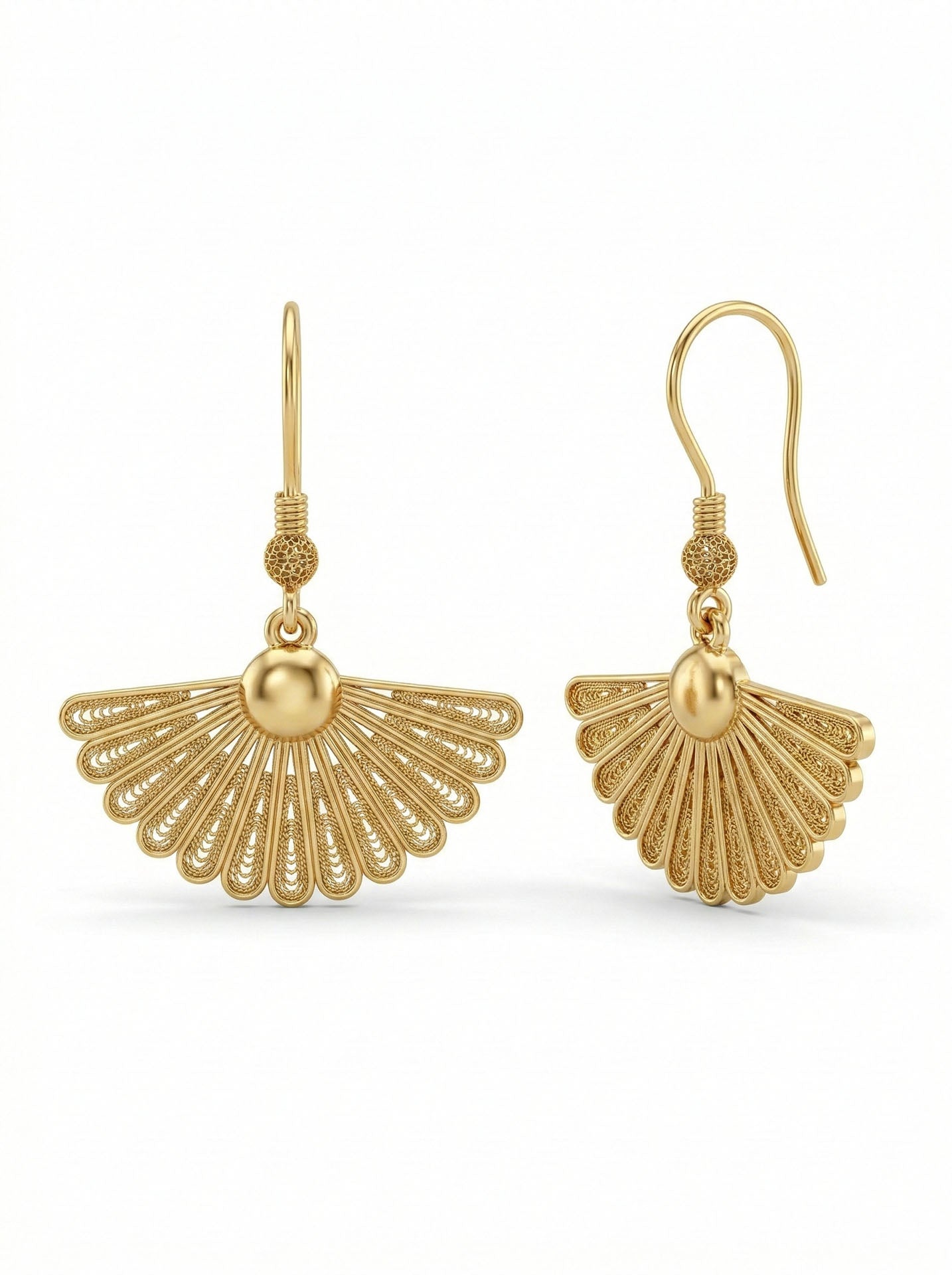 925 Sterling Silver Gold-Tone Traditional Filigree Fan Hook Earrings - Handmade