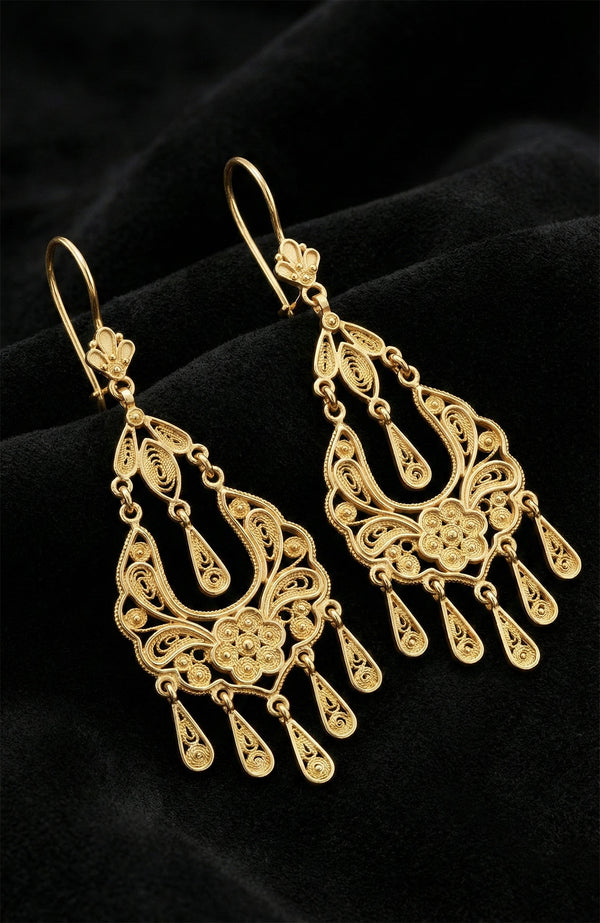 925 Sterling Silver Gold-Tone Filigree Chandelier Drop Earrings - Authentic Handcraft