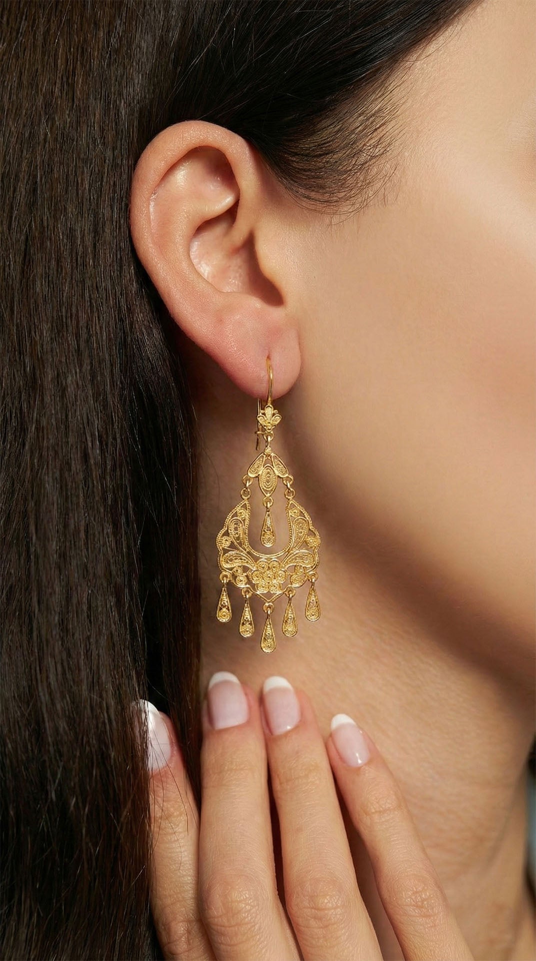 Gold Filigree Embroidered-Style Chandelier Dangle Traditional Handmade Earrings Silver