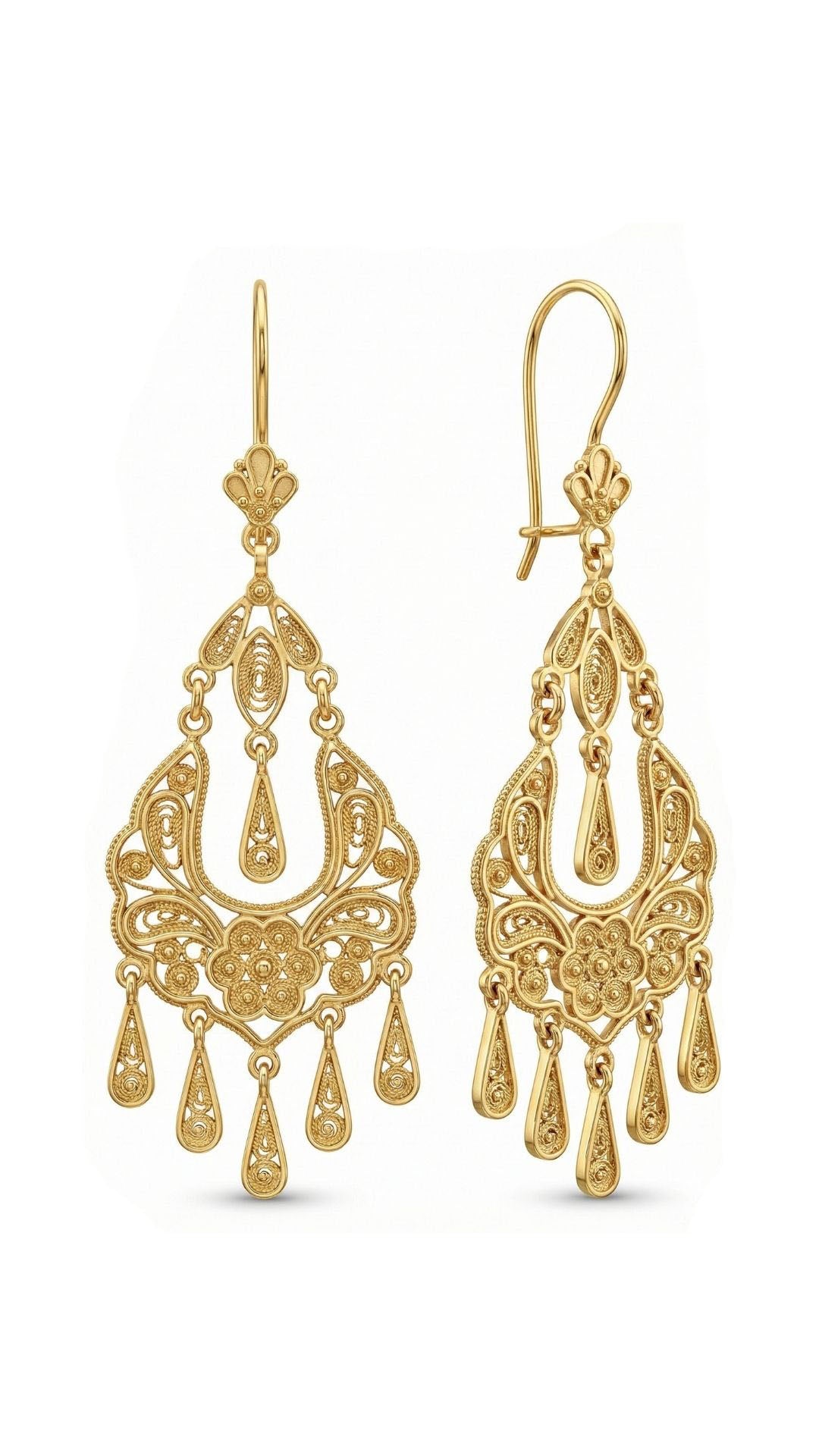 Gold Filigree Embroidered-Style Chandelier Dangle Traditional Handmade Earrings Silver