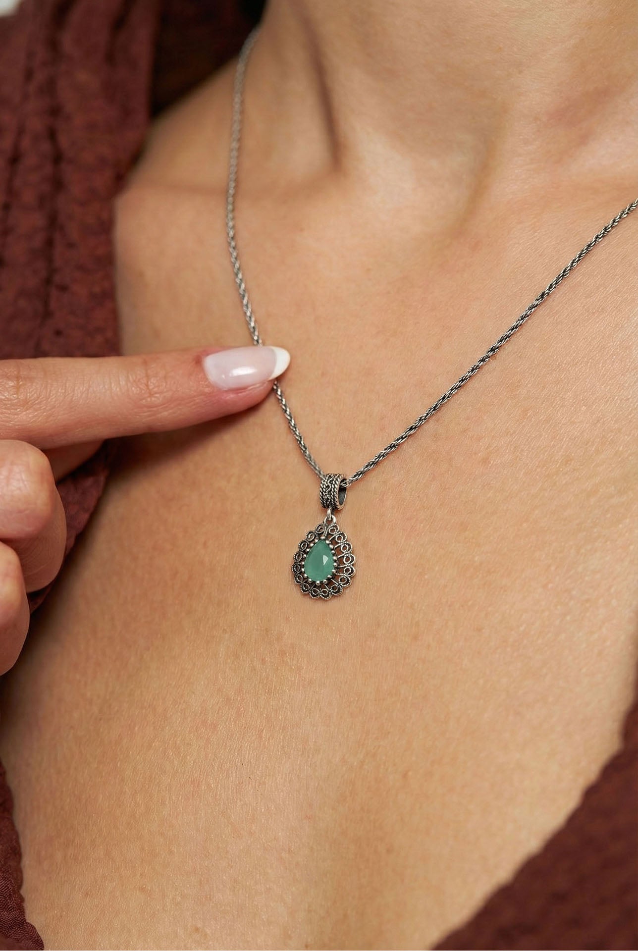 Aventurine Handmade Traditional Drop Filigree Necklace Silver