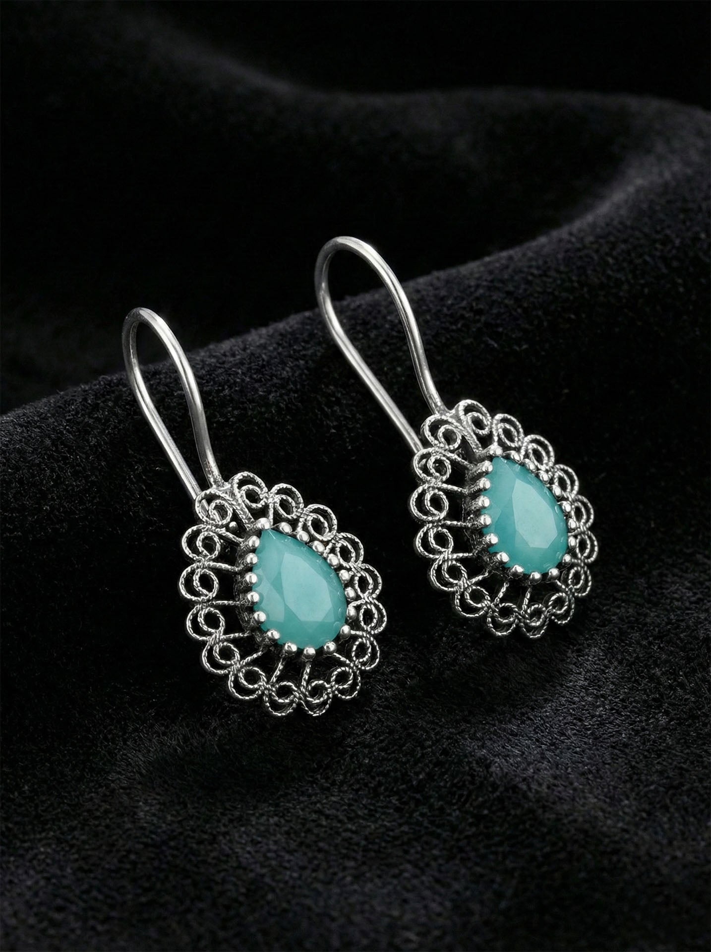 Aventurine Handmade Traditional Drop Filigree Necklace & Earrings Set Silver