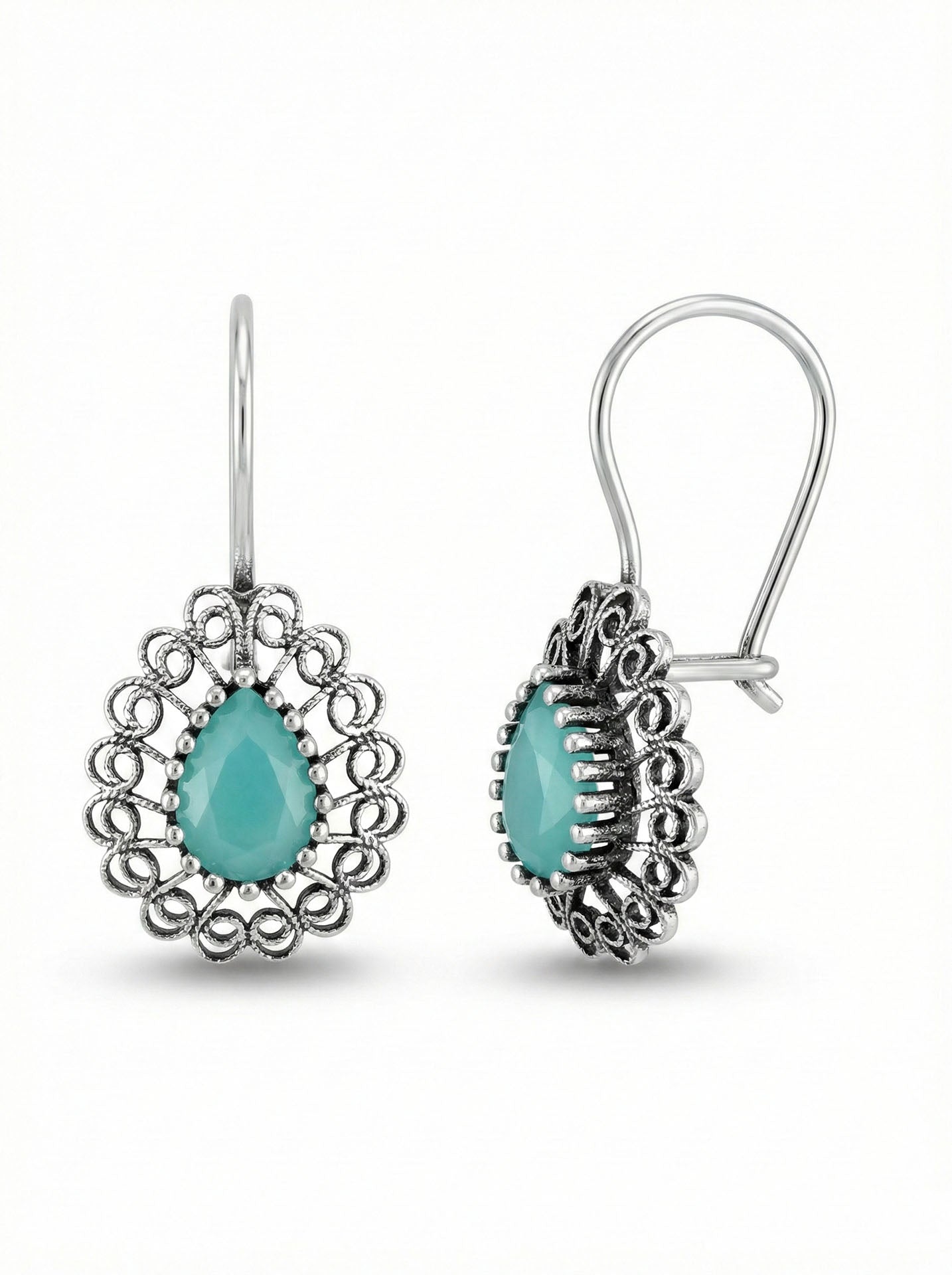 Aventurine Handmade Traditional Drop Filigree Earrings Silver