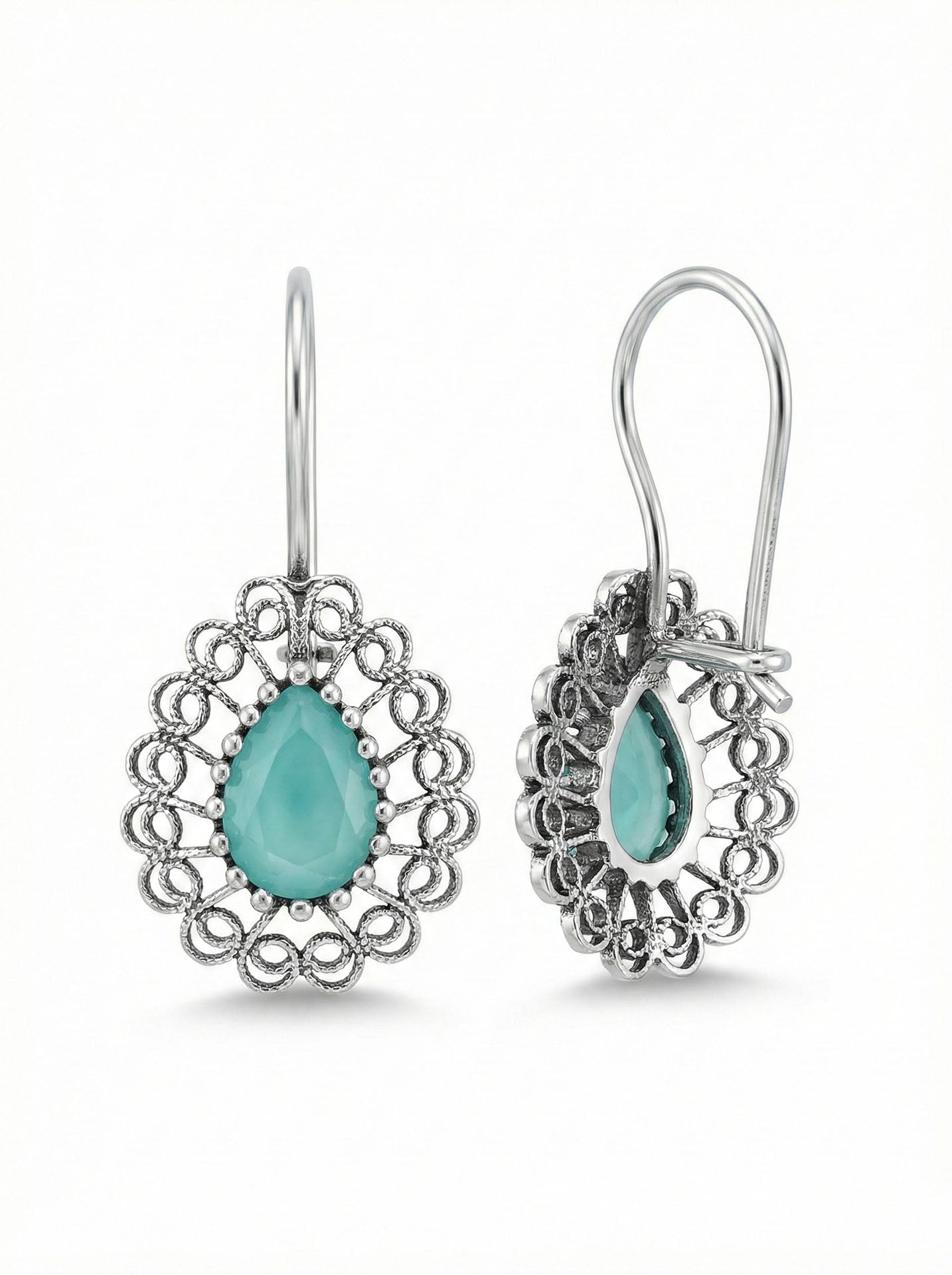 Aventurine Handmade Traditional Drop Filigree Earrings Silver