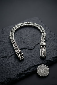 925 Sterling Silver Men's Bracelet - Oxidized Triple Row Byzantine Chain with Custom Patterned Clasp