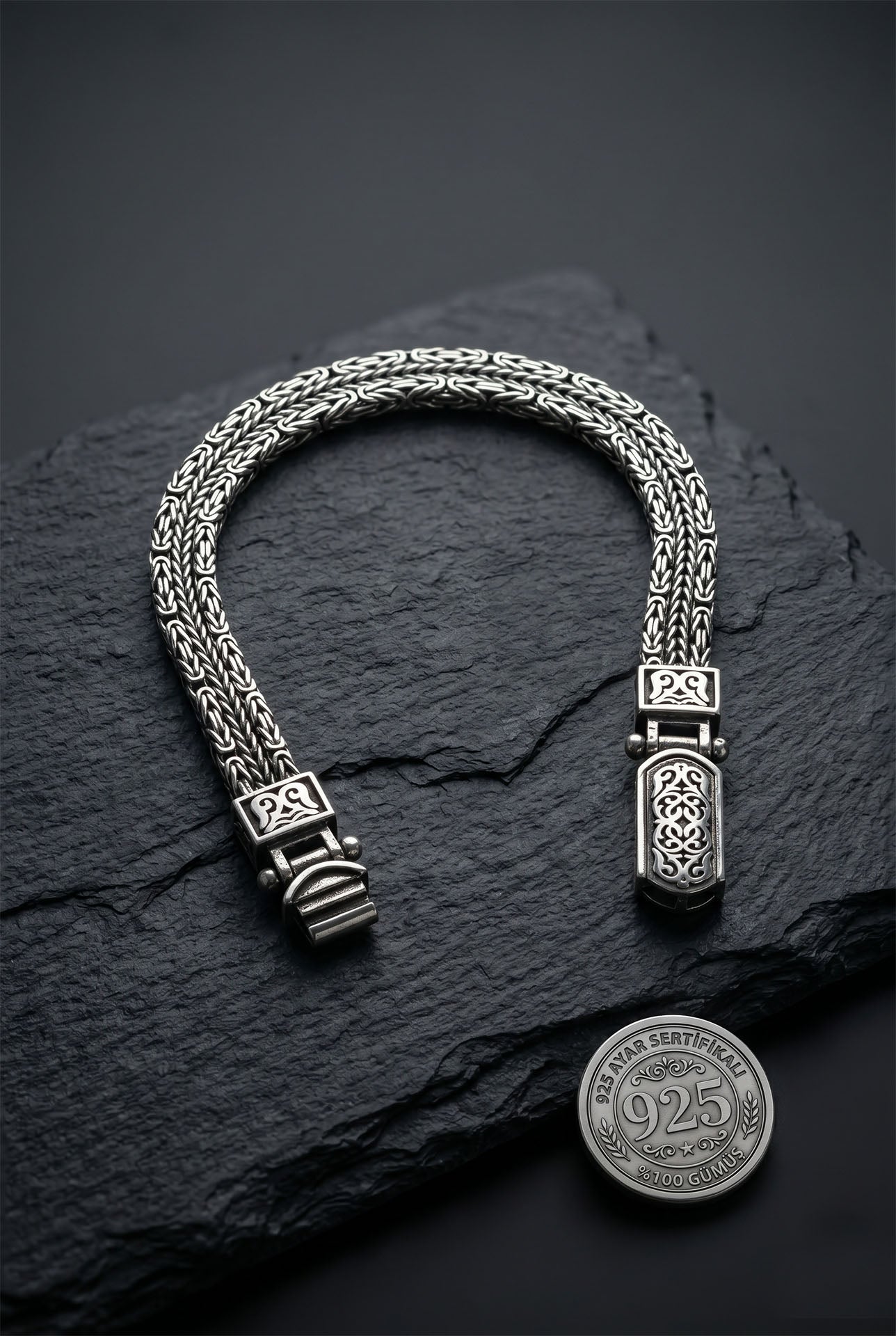 925 Sterling Silver Men's Bracelet - Oxidized Triple Row Byzantine Chain with Custom Patterned Clasp