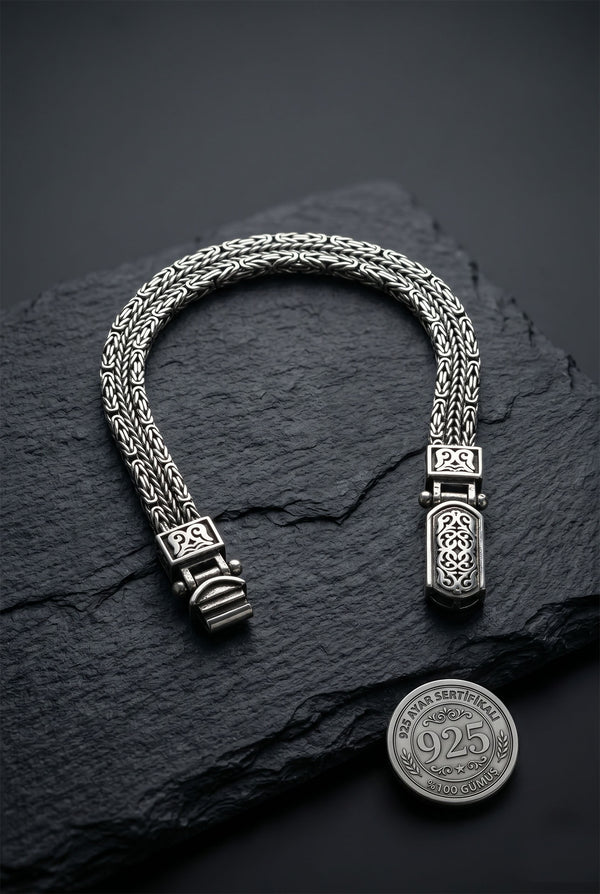 925 Sterling Silver Men's Bracelet - Oxidized Triple Row Byzantine Chain with Custom Patterned Clasp