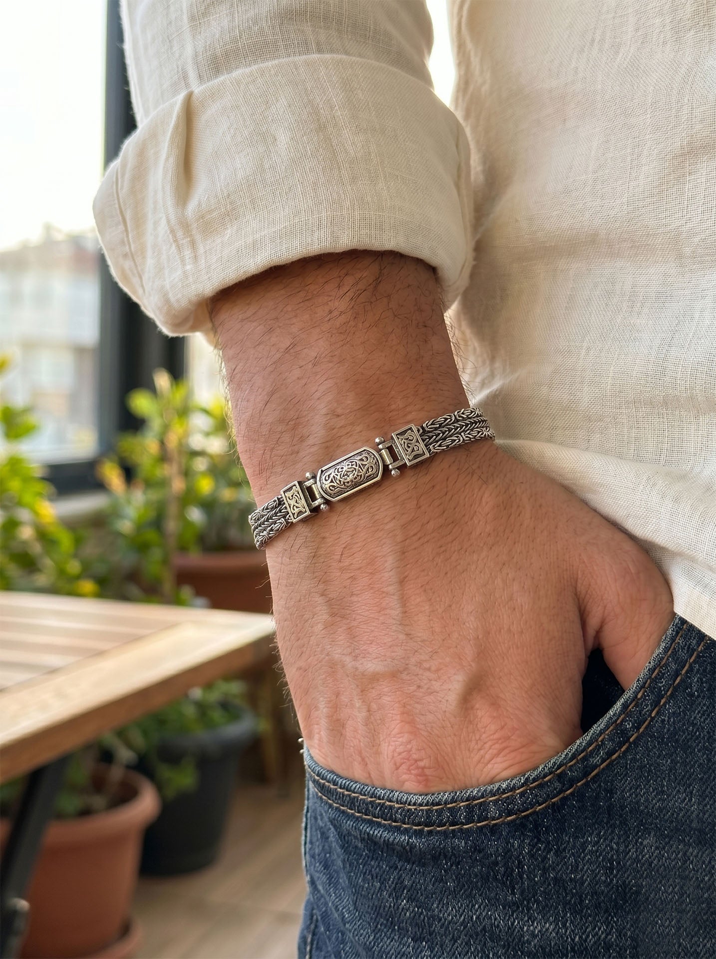 925 Sterling Silver Men's Bracelet - Oxidized Triple Row Byzantine Chain with Custom Patterned Clasp