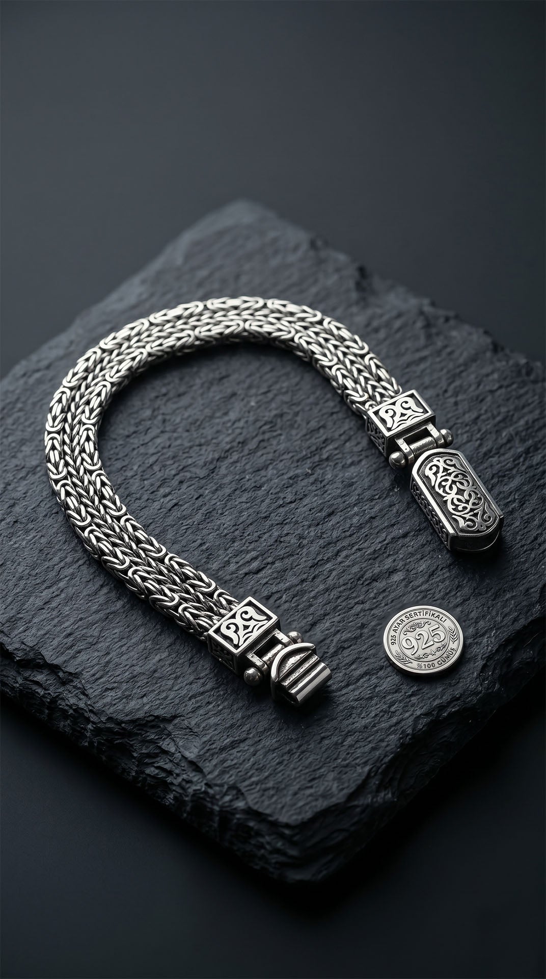 925 Sterling Silver Men's Bracelet - Oxidized Triple Row Byzantine Chain with Custom Patterned Clasp
