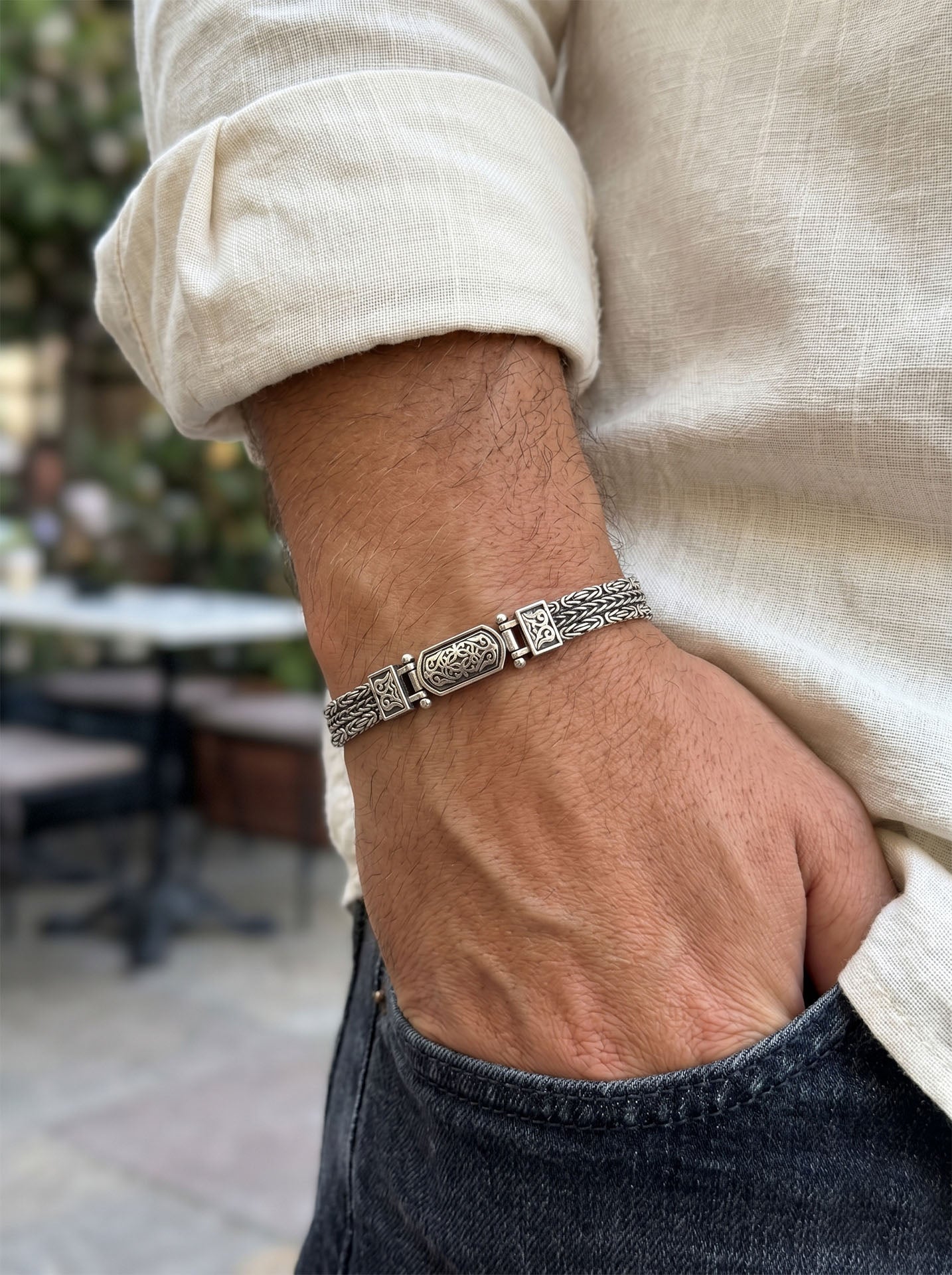925 Sterling Silver Men's Bracelet - Oxidized Triple Row Byzantine Chain with Custom Patterned Clasp