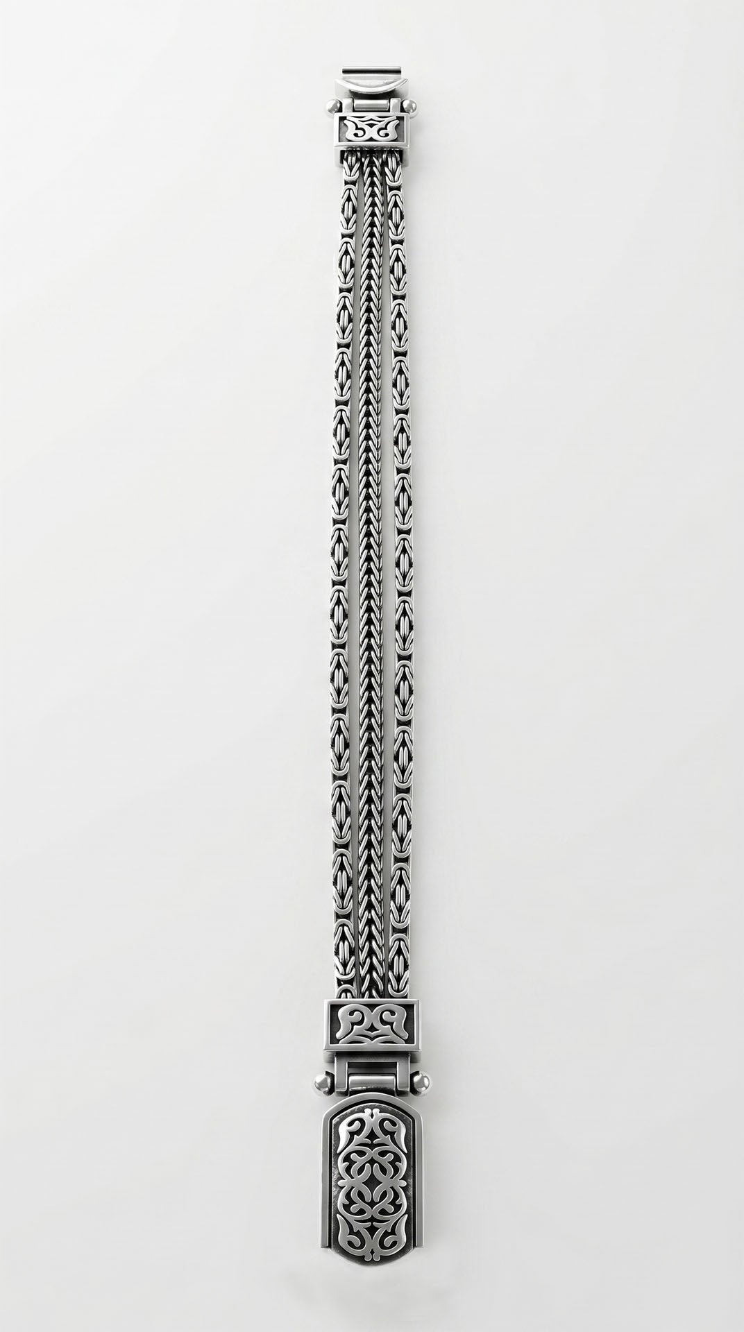 925 Sterling Silver Men's Bracelet - Oxidized Triple Row Byzantine Chain with Custom Patterned Clasp