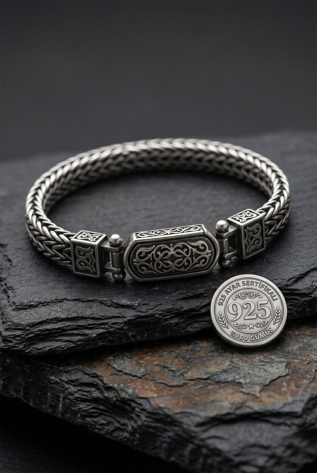 925 Sterling Silver Men's Bracelet - Oxidized Triple Row Woven Chain with Custom Patterned Clasp