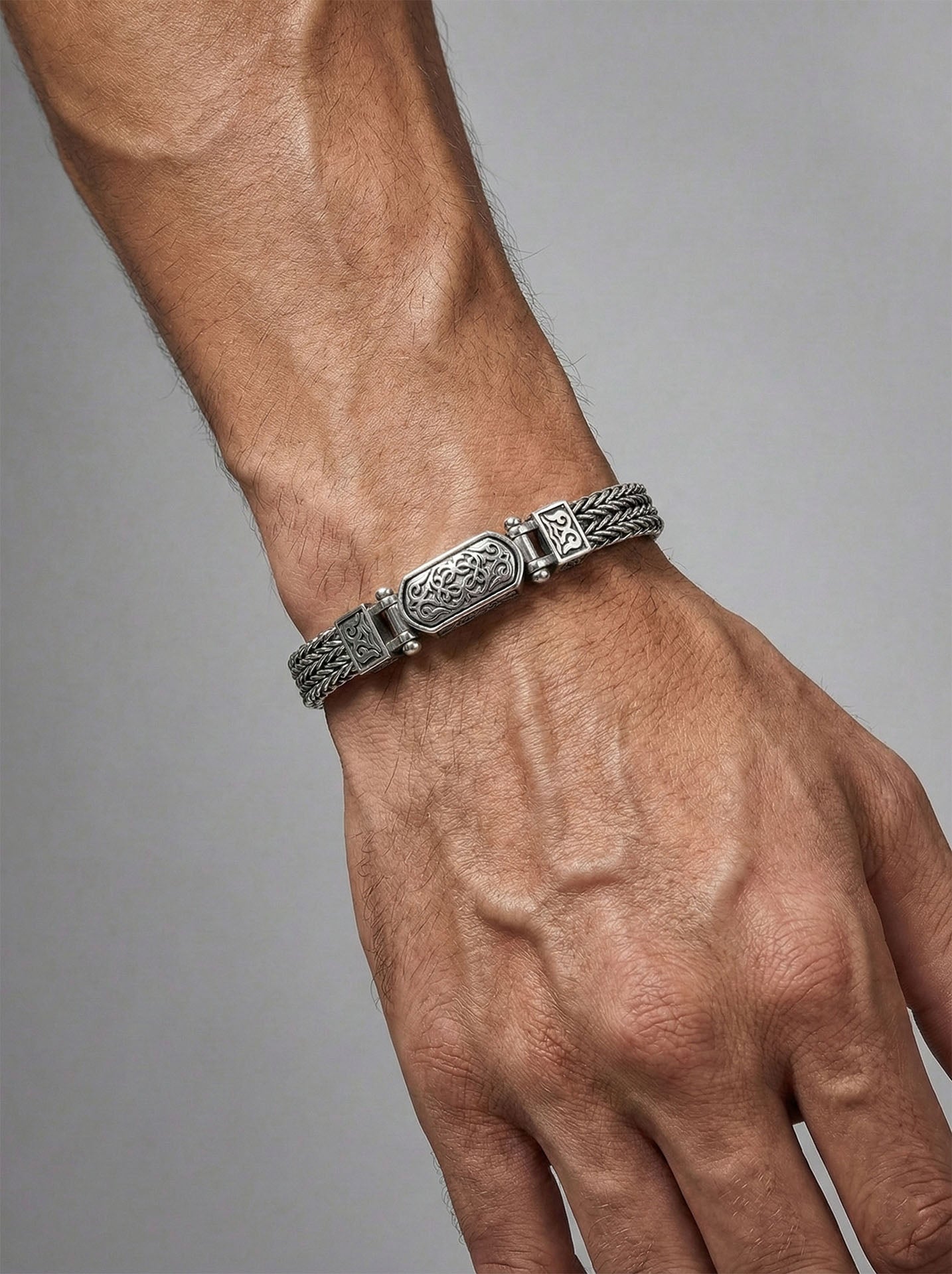 925 Sterling Silver Men's Bracelet - Oxidized Triple Row Woven Chain with Custom Patterned Clasp