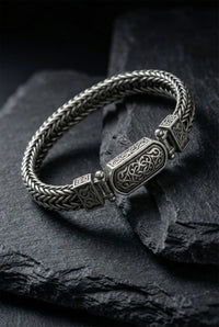 925 Sterling Silver Men's Bracelet - Oxidized Triple Row Woven Chain with Custom Patterned Clasp
