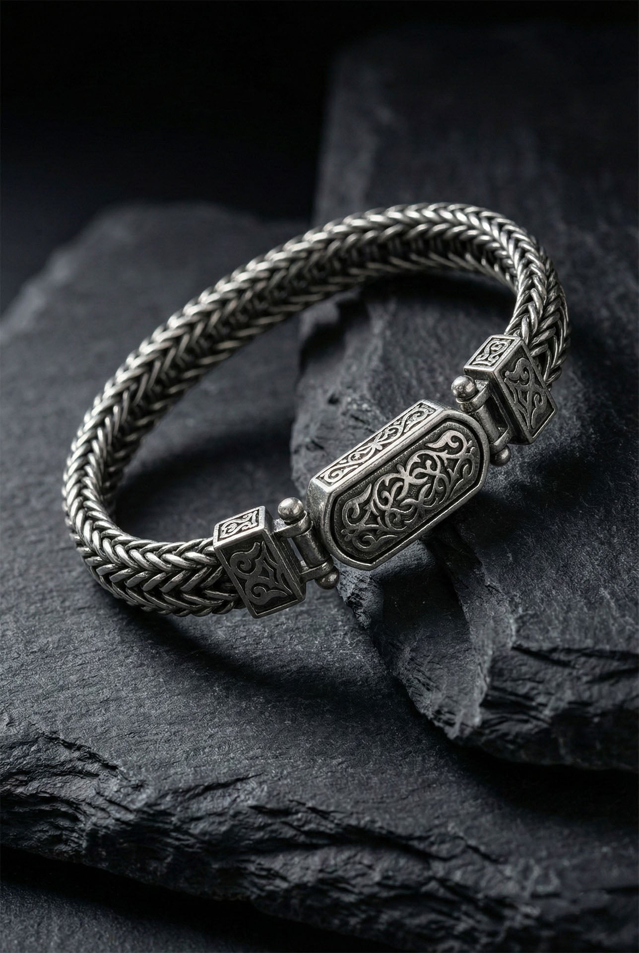 925 Sterling Silver Men's Bracelet - Oxidized Triple Row Woven Chain with Custom Patterned Clasp