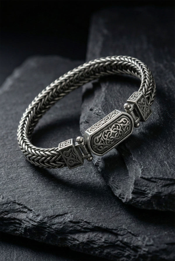 925 Sterling Silver Men's Bracelet - Oxidized Triple Row Woven Chain with Custom Patterned Clasp