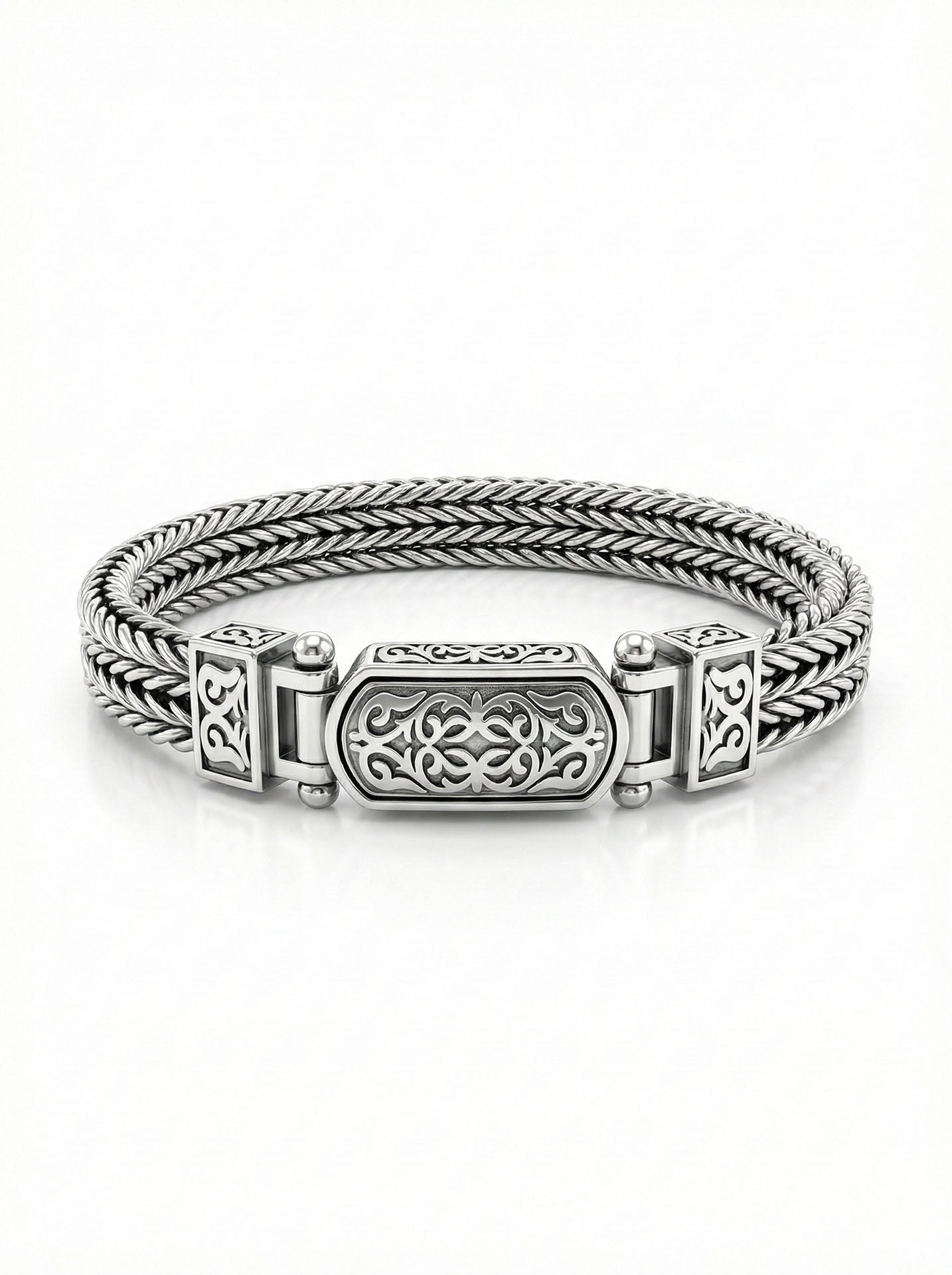 925 Sterling Silver Men's Bracelet - Oxidized Triple Row Woven Chain with Custom Patterned Clasp
