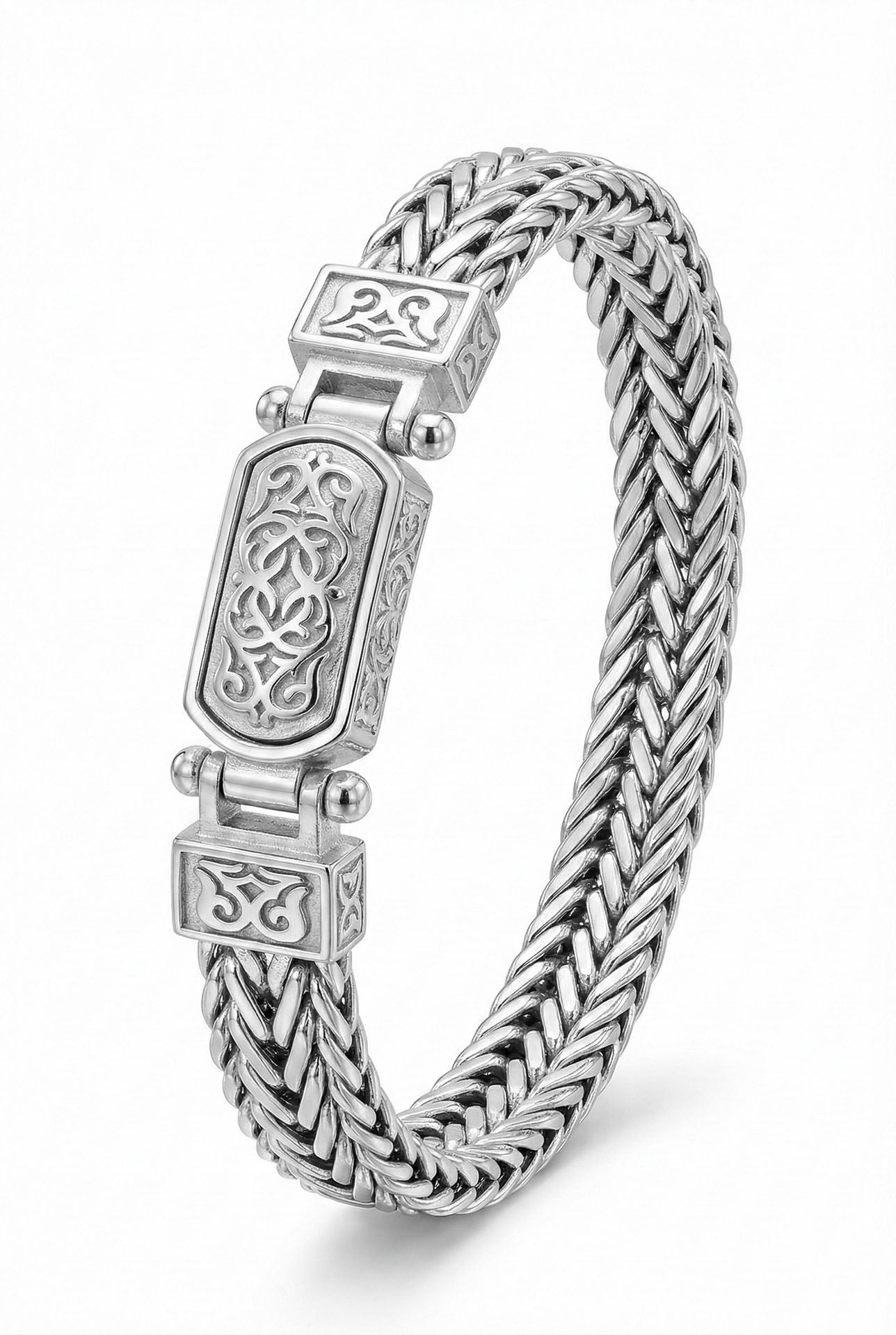 925 Sterling Silver Men's Bracelet - Oxidized Triple Row Woven Chain with Custom Patterned Clasp