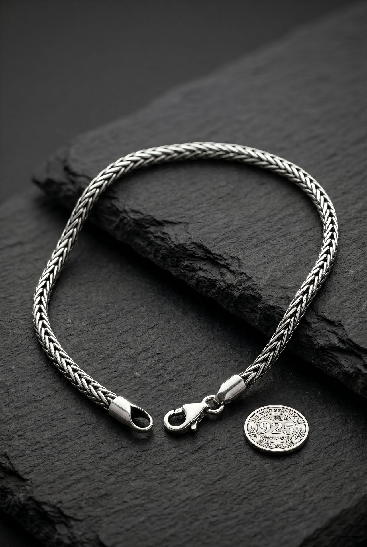 925 Sterling Silver Men's Bracelet - Oxidized Handcrafted Foxtail Chain