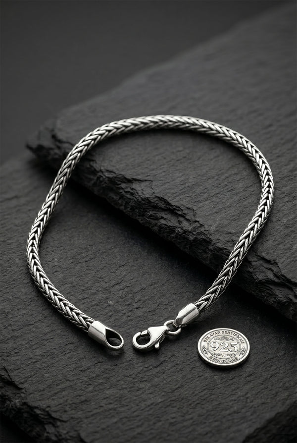 925 Sterling Silver Men's Bracelet - Oxidized Handcrafted Foxtail Chain