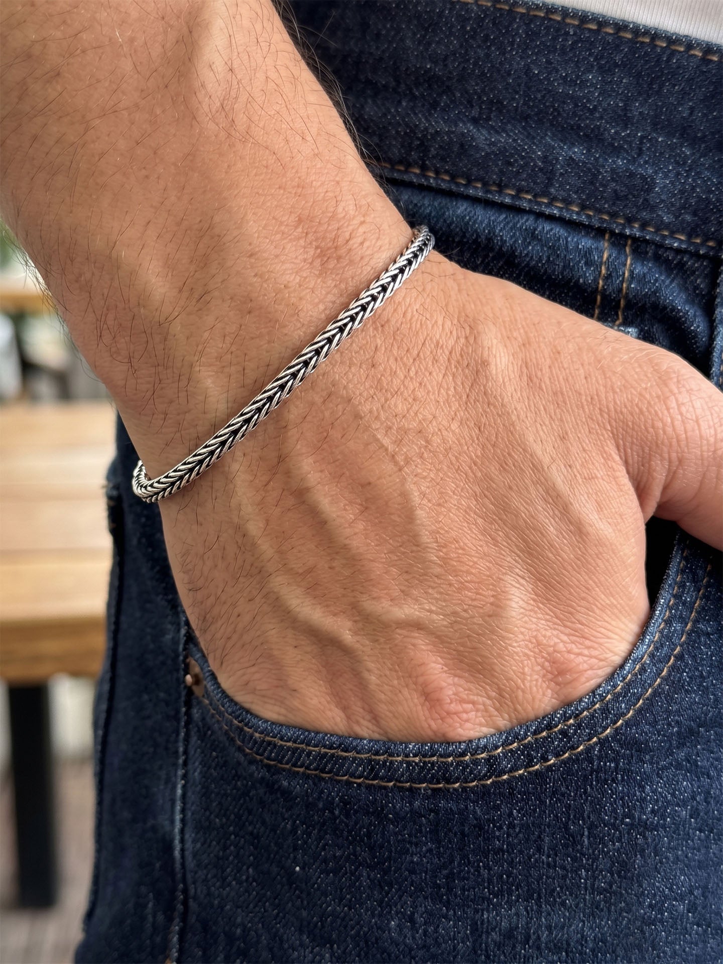 925 Sterling Silver Men's Bracelet - Oxidized Handcrafted Foxtail Chain