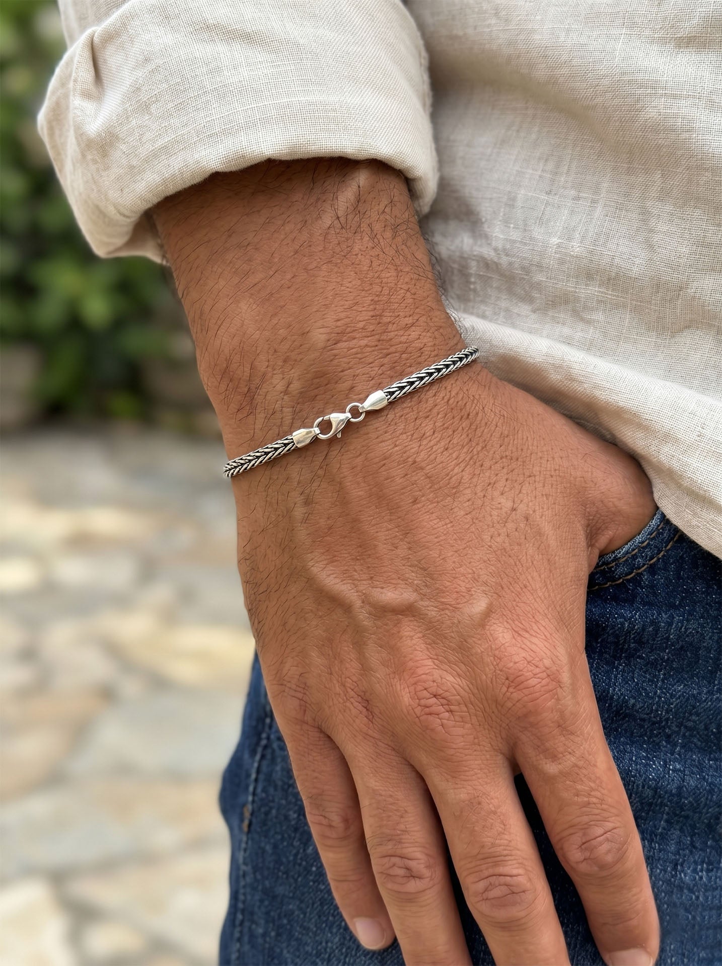 925 Sterling Silver Men's Bracelet - Oxidized Handcrafted Foxtail Chain