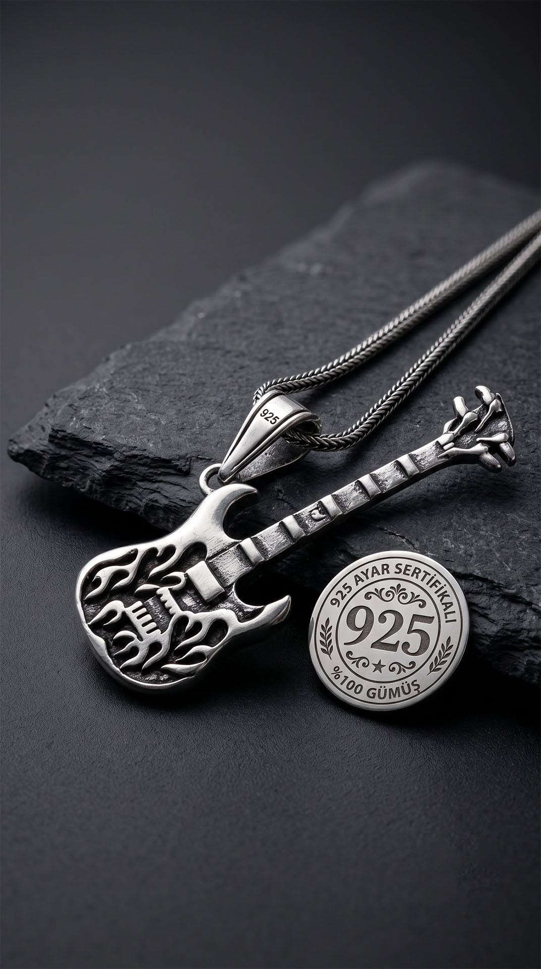 925 Sterling Silver Oxidized Flame Electric Guitar Pendant Foxtail Chain Necklace for Men