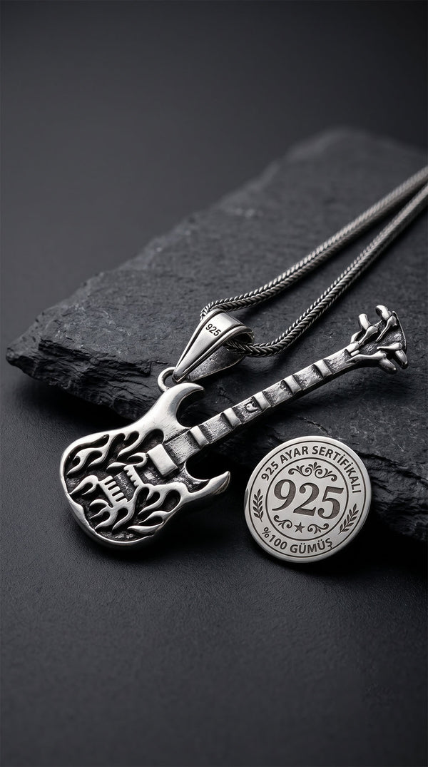 925 Sterling Silver Oxidized Flame Electric Guitar Pendant Foxtail Chain Necklace for Men
