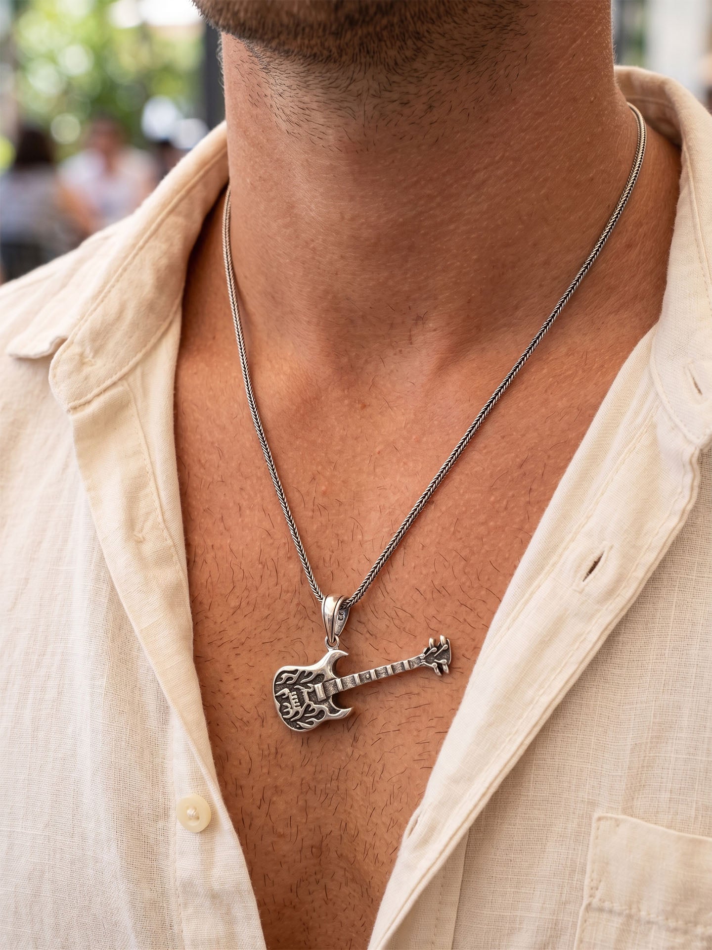 925 Sterling Silver Oxidized Flame Electric Guitar Pendant Foxtail Chain Necklace for Men