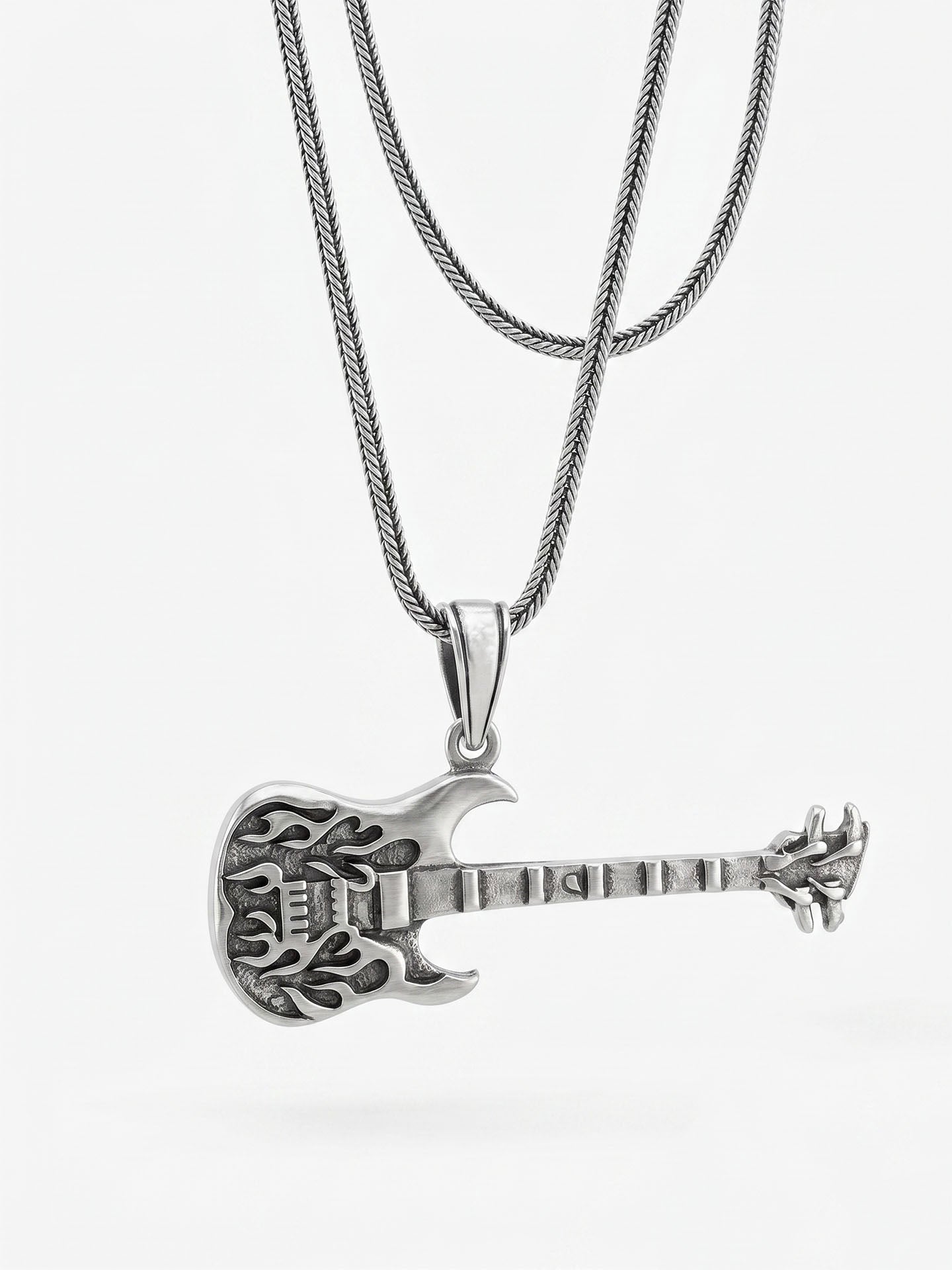 925 Sterling Silver Oxidized Flame Electric Guitar Pendant Foxtail Chain Necklace for Men